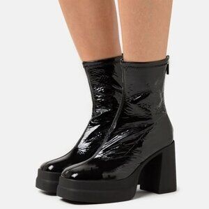 Free People Double Stack Textured Black Patent Leather Platform Boots S 6.5 NWOB